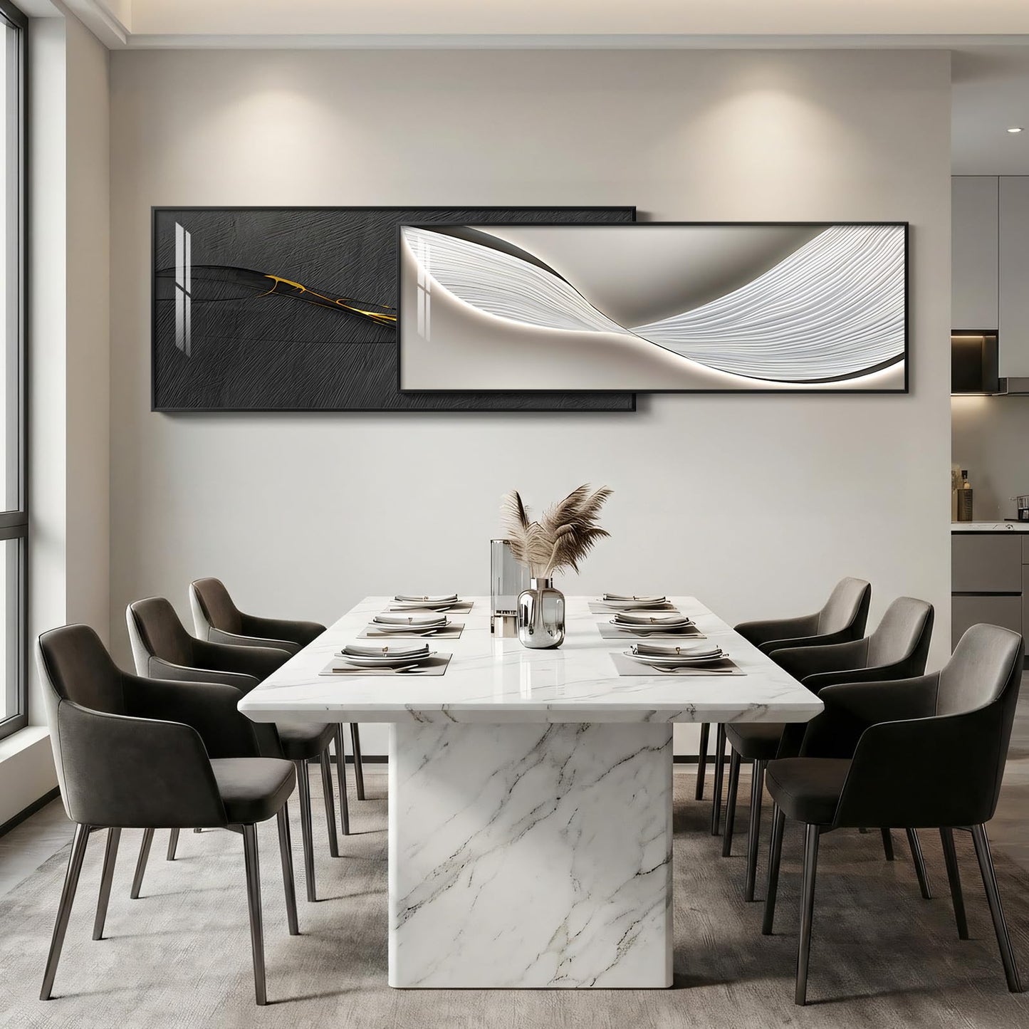 Extra Large Framed Modern Abstract Wall Art for Living Room, Set of 2 Long Horizontal Prints Paintings, Minimalist Black and White Pictures for Hallway Bedroom Dining Room Office Wall Decor