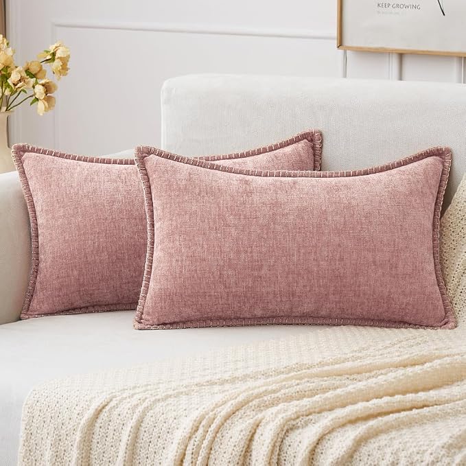 MIULEE Pack of 2 Lumbar Throw Pillow Covers 12x20 Inch Blush Pink Farmhouse Decorative Pillow Covers with Stitched Edge Soft Chenille Solid Dyed Pillow Covers for Couch Sofa Bed Living Room