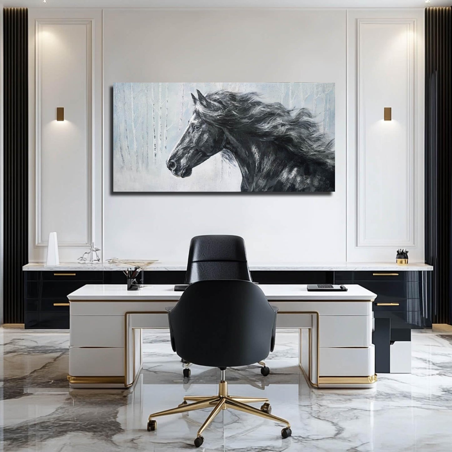 ZHENGYIN Large Black and White Horse Canvas Wall Art, Western Equine Portrait Artwork, Rustic Western Farmhouse Wall Decor for Living Room Office, Above Sofa, 24x48 Inch