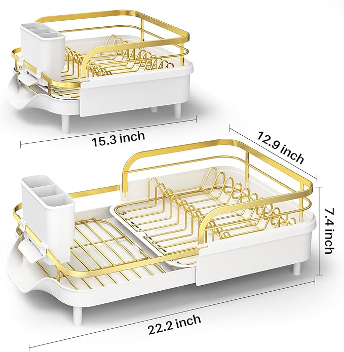 SAYZH Dish Drying Rack - Expandable Dish Rack for Kitchen Counter, Rust-Resistant Dish Drainer with Utensil Holder and Raised Guardrail, Kitchen Organizer for Cup and Bottle (Gold)
