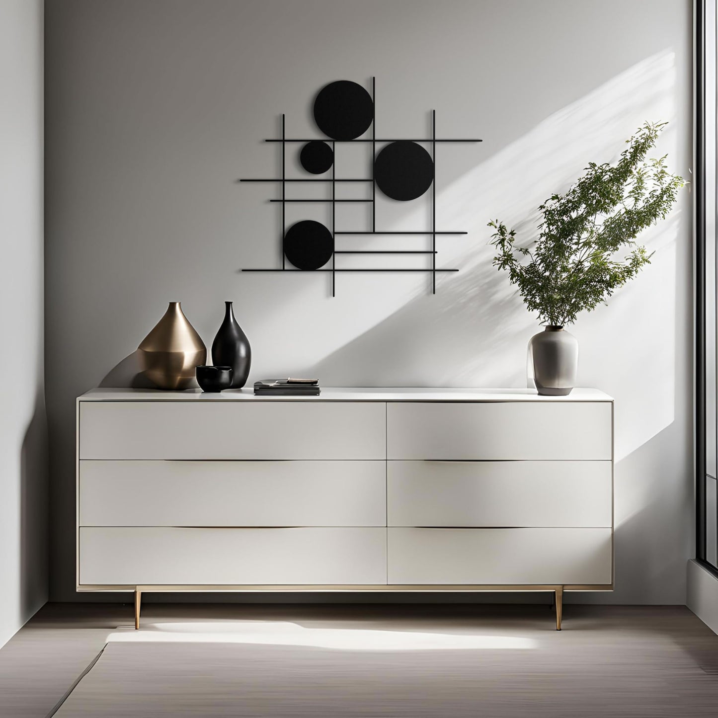pluviart Luxury Modern Geometric Metal Wall Art – Abstract Circle & Line Sculpture, Minimalist Black Wall Decor for Living Room, Bedroom, Office, Contemporary Luxury Home Decoration (27"x25")