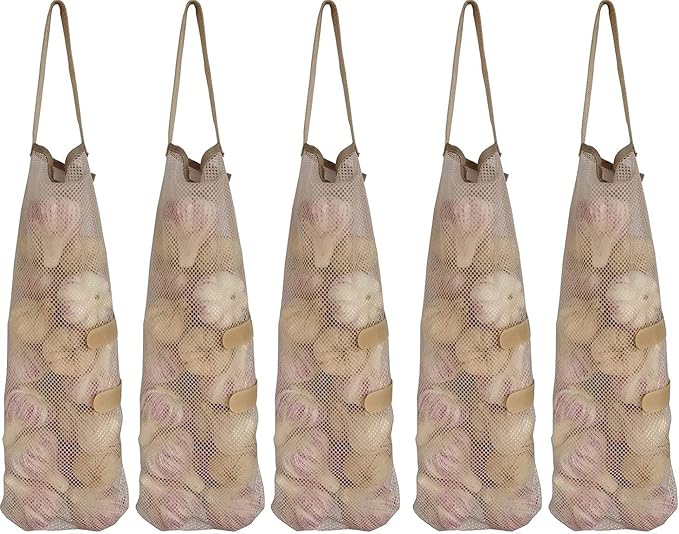 Ahyuan Hanging Mesh Storage Bags 5 Pack Onion Garlic Potatoes Net Mesh Bag Long and Large Reusable Net Produce Bags for Fruit Veggies Garbage Bag for Home RV Camper
