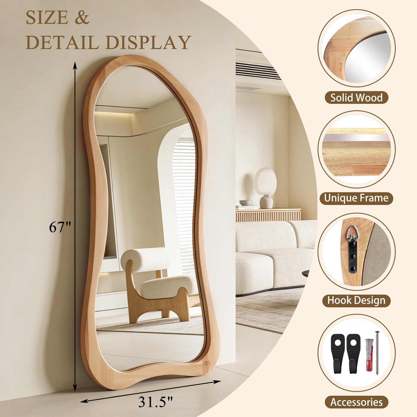 DAOYIJIAJU Large Irregular Mirror, 67"x31.5" Asymmetrical Full Body Mirrors with Solid Wood Frame, Premium Organic Aesthetic Floor Mirror for Living Room Entryway Hallway Cloakroom, Leaning/Hanging