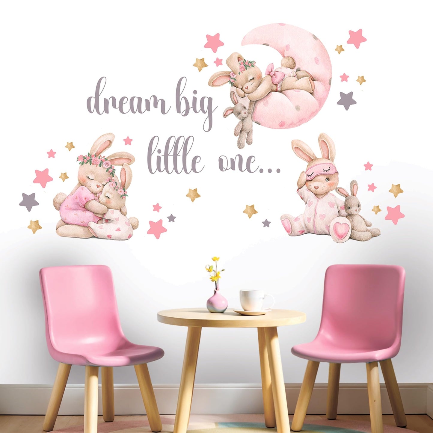Pink Bunny Nursery Wall Decals-Baby Girl Room Rabbit Wall Decor, Animal Stickers for Kids Playroom, Toddler Bedroom and Nursery Decoration, Removable Vinyl Decals, Peel and Stick Easy to Apply.