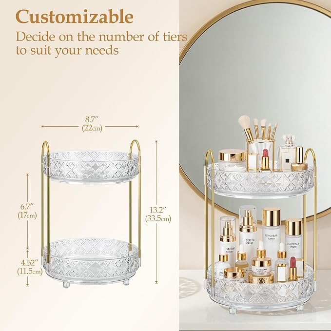 360 Rotating Makeup Organizer for Vanity, 2 Tier Adjustable Perfume Organizer for Dresser, Multi-Function Spinning Cosmetics Skincare Storage for Bedroom, Dresser, Countertop, Clear