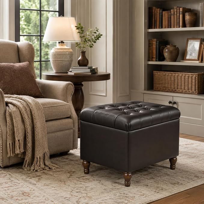 Spatial Order Medium Tufted Storage Ottoman - Espresso Brown Faux Leather