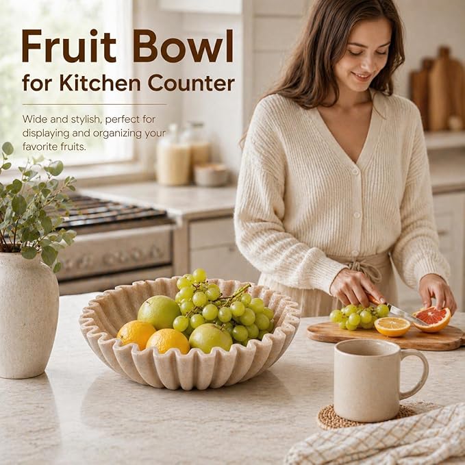 YMXYJM Large Decorative Bowl, Modern Handicraft Bowls for Home Decor, Fruit Bowl for Kitchen Counter, Ruffle Decor, Stylish Key Bowl for Entry Table, Artificial Stone Beige