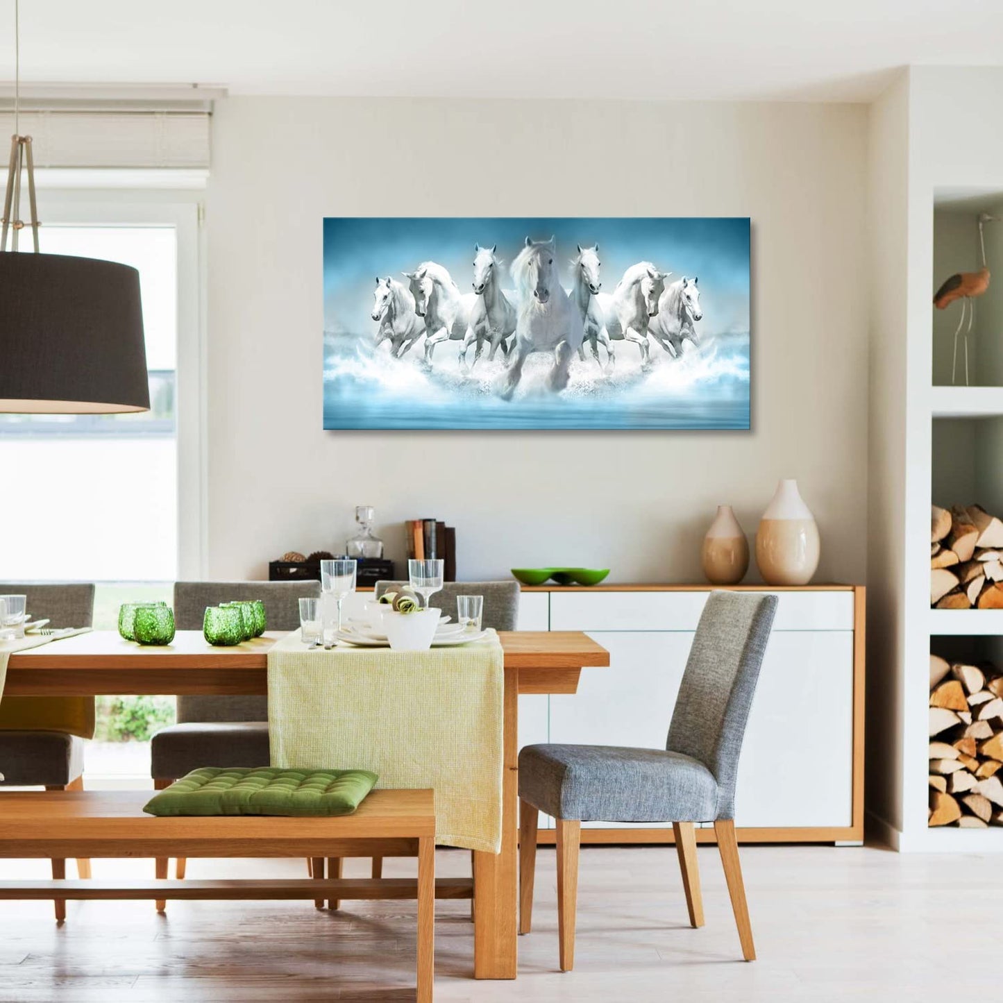 7 White Running Horses Wall Art Modern Blue Canvas Print Picture Artwork Animal Painting for Living Room Decor Bedroom Office