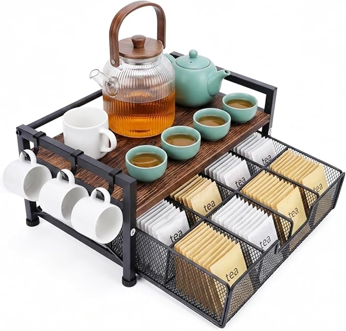 Tea Bag Organizer, Teabag Holder with Storage Drawer, Wood Tea Organizers and Storage Chest, Tea Station Chest Display Container Box for Countertop Kitchen (Rustic Brown)
