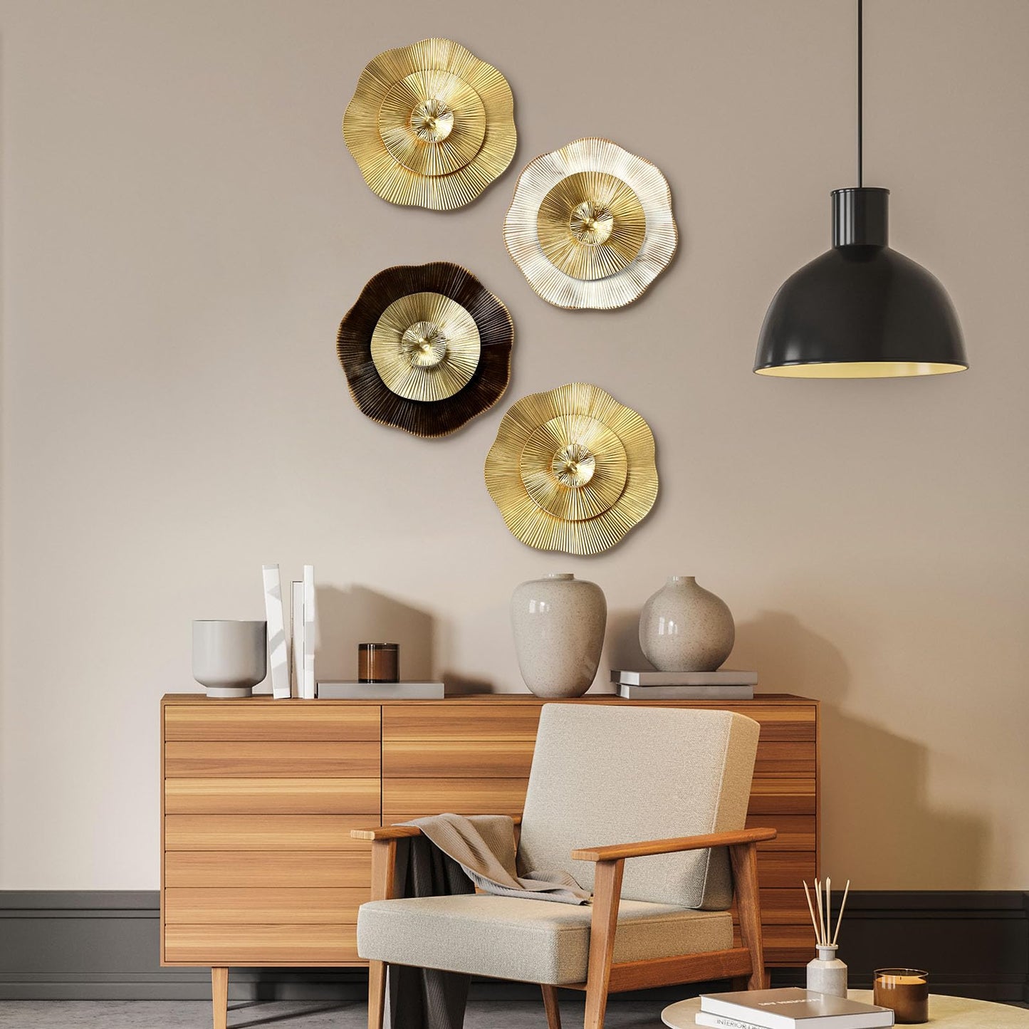 Shimeyao 4 Pcs 12 Inch Gold Wall Decor Metal Flower Plate Art Hanging Wall Decorations Modern Metai Decorations for Home Living Room Office Bedroom Bathroom Floral Sculpture
