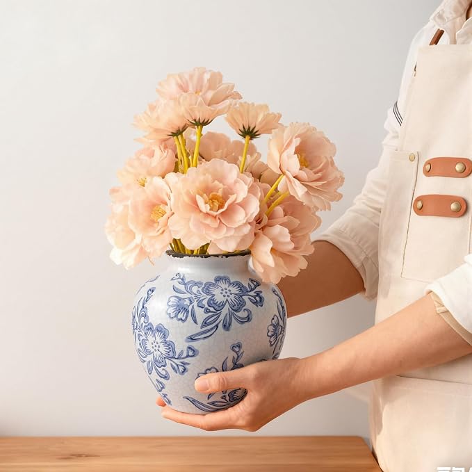 Ceramic Flower Vase Home Decor, 6.2 inch Farmhouse Rustic Vintage Decorative Vases, Pottery Terracotta Boho Flowers Vases for Dining Table, Living Room, Shelf, Kitchen, Bedroom (6.2"-Blue and White)