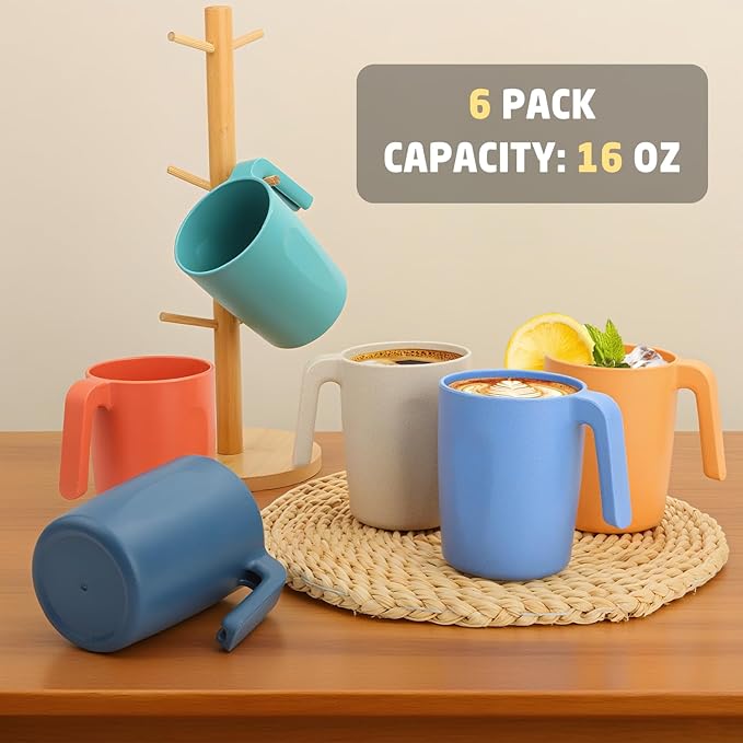 Wheat Straw Coffee Mugs Set of 6, Drinking Cups16 OZ, Microwave & Dishwahser Safe Plastic Cups with Handles, Unbreakable & Stacking Water Cups for Camping, Kitchen, RV, Drinking glasses - Multicolor