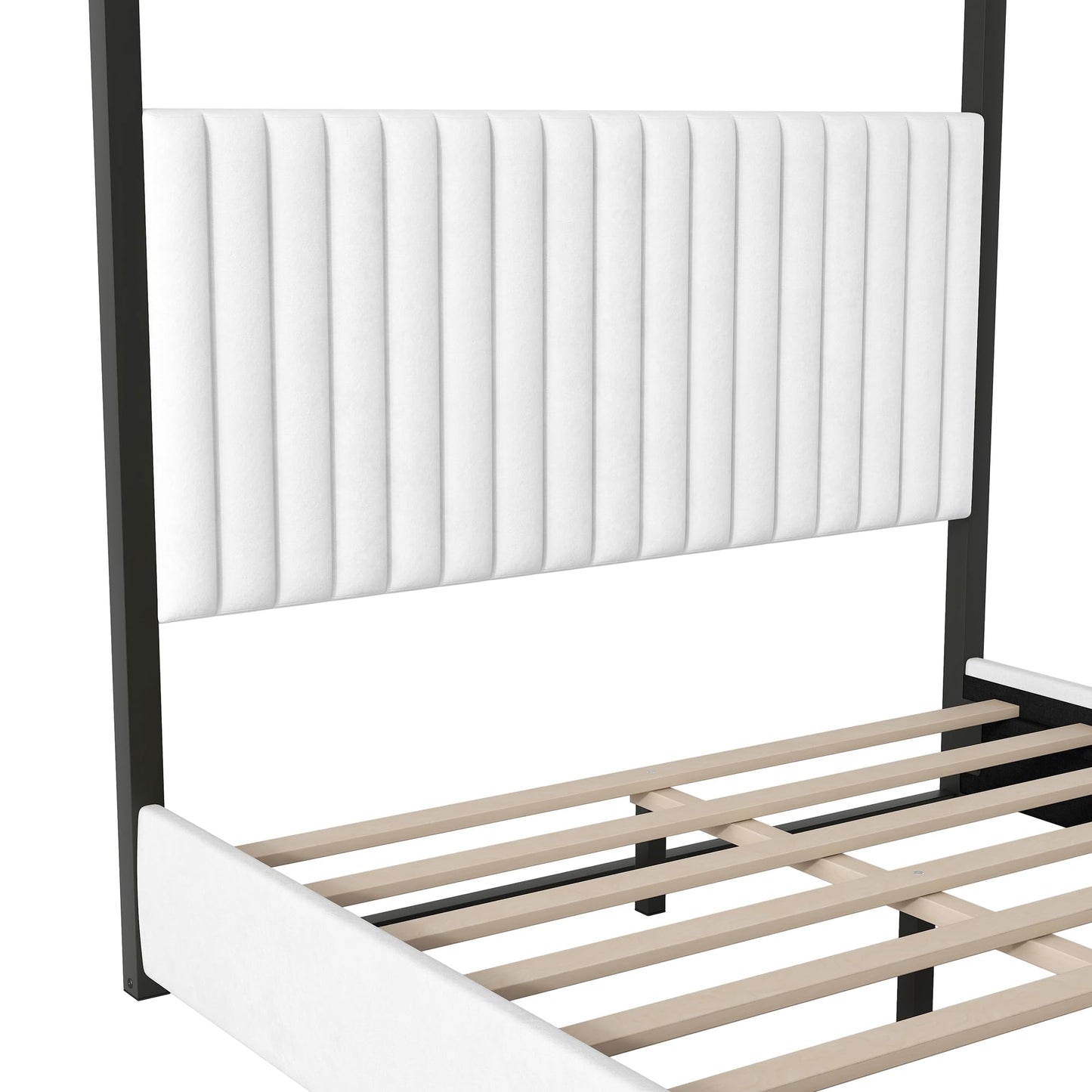 LUMISOL Queen Size Metal Canopy Bed Frame, Black 4 Poster Bed with Tall Upholstered Headboard, Upholstered Low Profile Canopy Platform Bed with Slats Support, No Box Spring Needed, Black + White