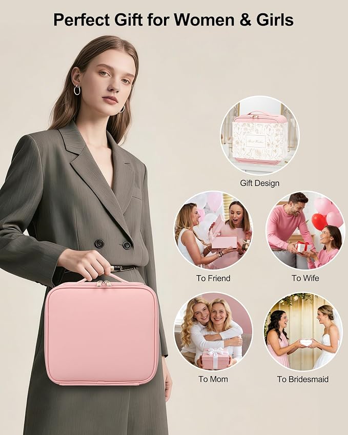 Chomeiu Makeup Bag with LED Mirror, Cute Cosmetic Bags for Women and Girls, Travel Train Case Artists Organizer Large Make Up Bags with 3 Color Light Up Mirror & Removable Brush Compartment, Pink