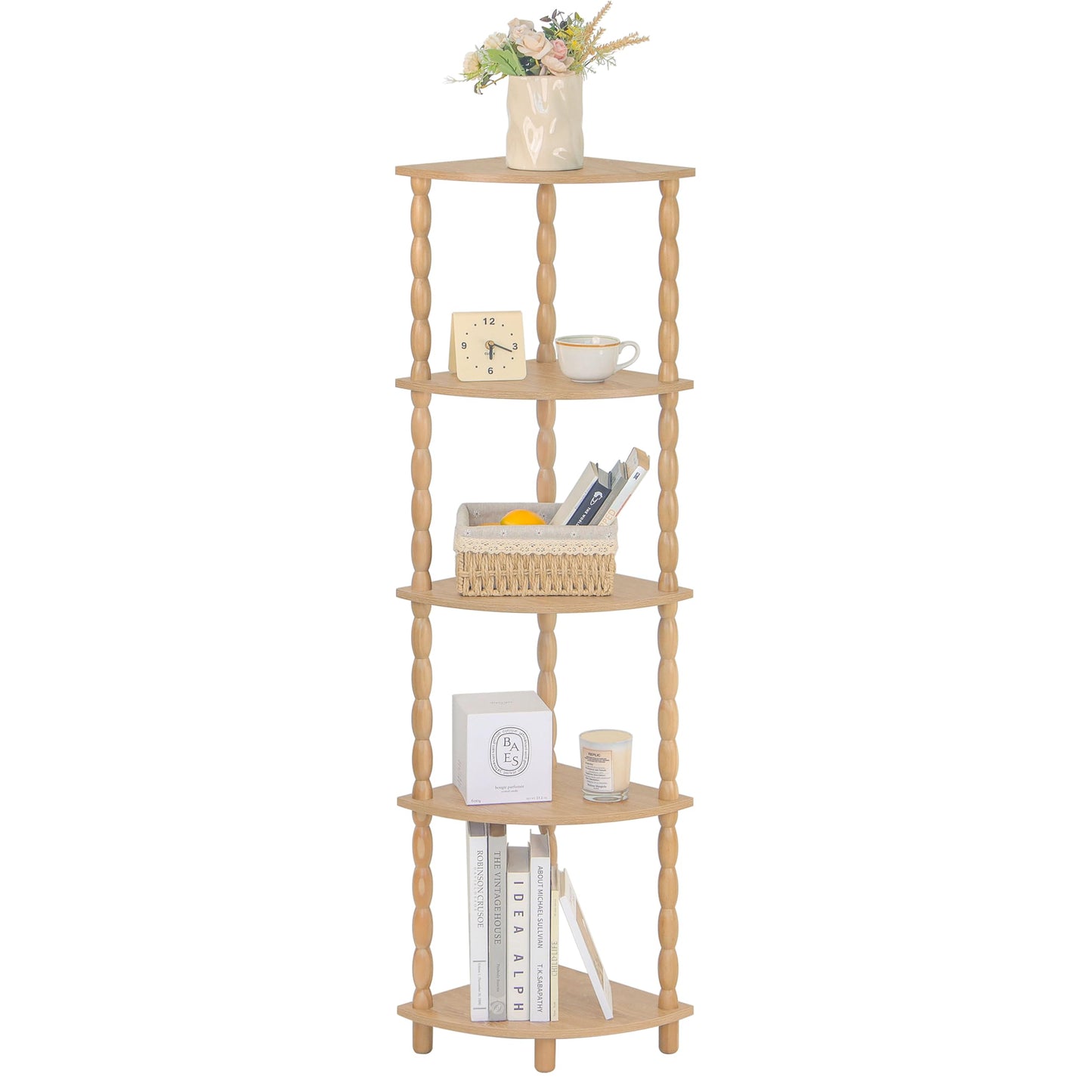 MaxSmeo Corner Bookshelf, 5-Tier Corner Shelf Stand, Modern Corner Plant Shelves with Storage, for Bedroom, Bathroom, Kitchen, Living Room (Rustic Walnut)