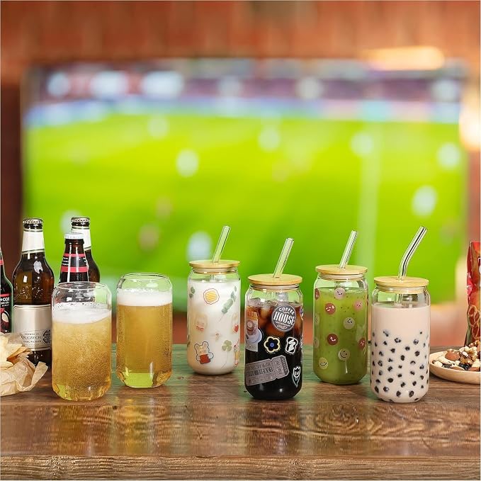 16 Pack Glass Cups with Lids and Straws 16 oz, Personalized Customizable Glasses for Gift, Business, Drinking glasses set, Iced Coffee Cup, Cute Aesthetics Tumbler for Tea, Homemade Drinks