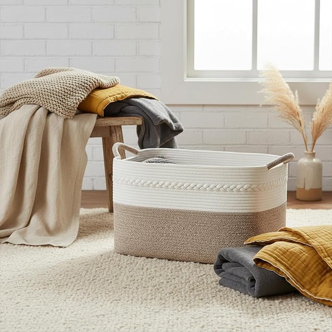 Large laundry basket woven from natural cotton rope with handles storage blankets for living rome big decorative quilted baskets for clothes toys pillows hamper 22"x14.6"x12" white/brown