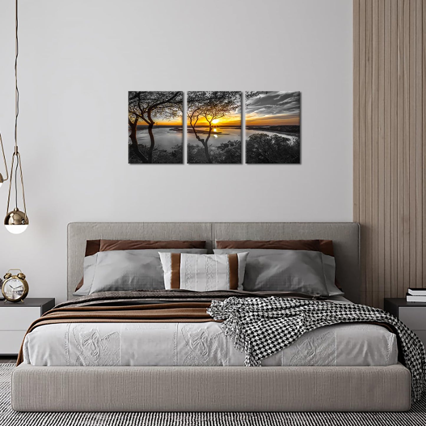 Nachic Wall 3 Piece Black and White Wall Art Golden Sunrise on Lake Picture Painting Print on Canvas Nature Landscape Poster for Living Room Bedroom Decor Framed Ready to Hang