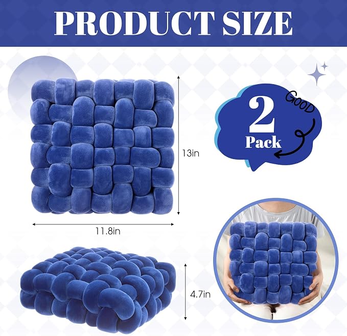 Wenqik 2 Pcs Knot Pillows Square Knotted Plush Throws Soft Accent Pillows Decoration Cushion for Couch Home Office Living Room Bedroom Bed Sofa Decor, 12'' x 13''(Blue,Crystal Velvet)