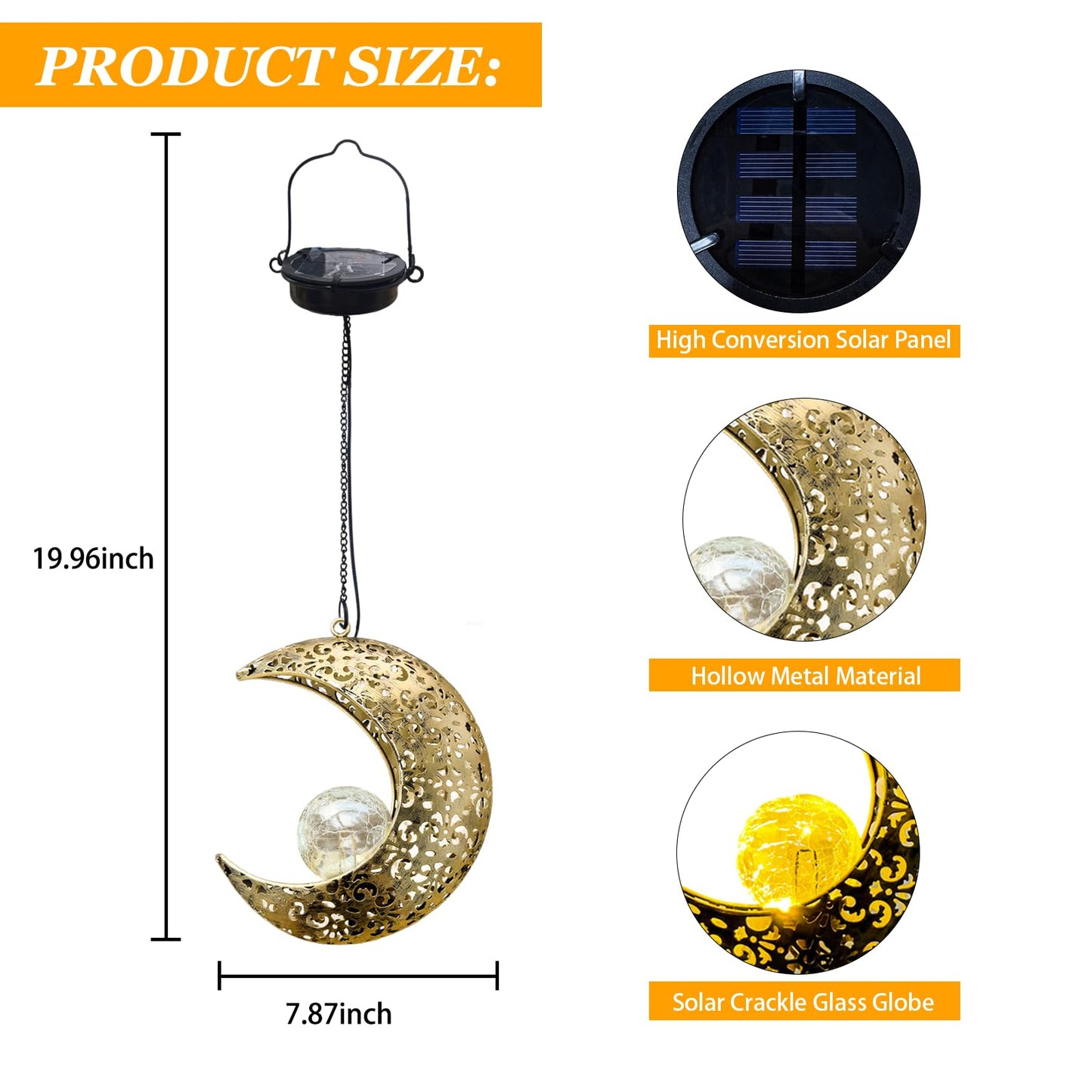 QCF Solar Garden Hanging Moon Lights Outdoor Decor,Metal Lanterns Art Decorations for Outside Yard Lawn Patio Wall Fences Driveway Trail,Unique Housewarming Gardening Gifts for Women Mom