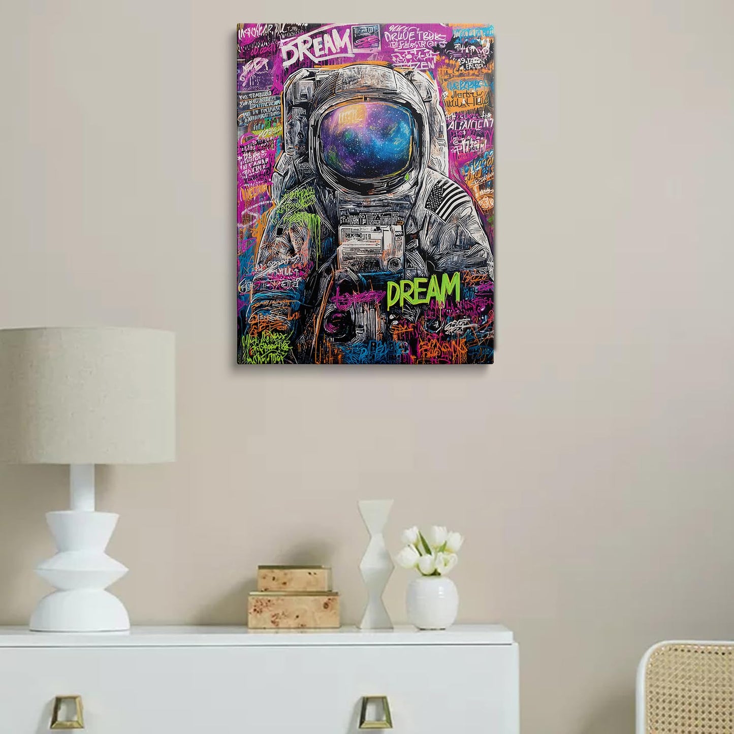 Graffiti Astronaut with DREAM Text Galaxy Visor Canvas Wall Art Framed Banksy Style Painting Prints Posters Artwork for Boys Room Space Themed Wall Decor 12x16 Inches
