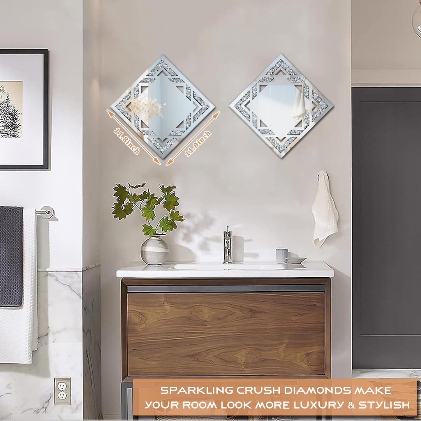 2 Piece Square Hollow Crushed Diamond Decorative Mirror, Silver Crushed Diamond Mirror Decor Wall for Living Room Bedroom Bathroom (12”x12”)