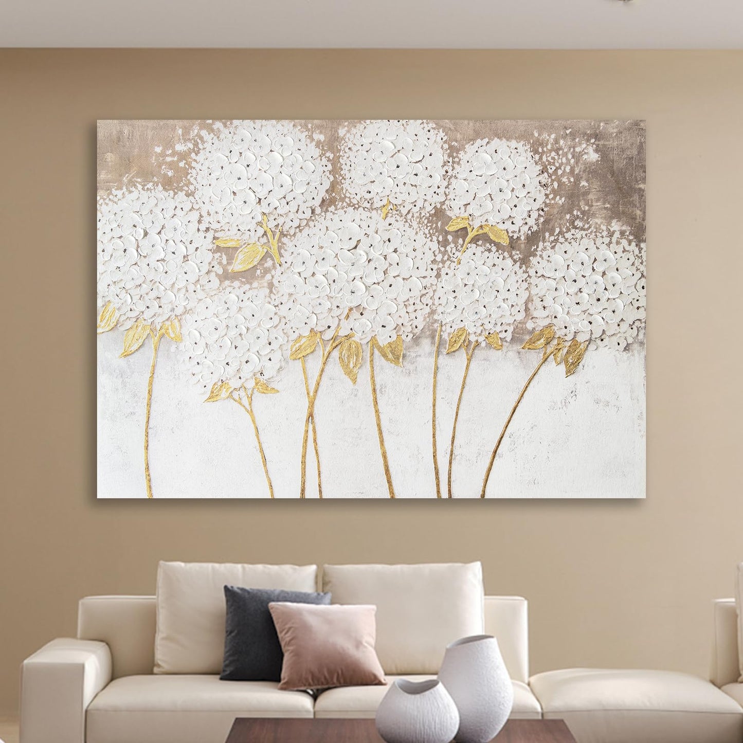 JolyWell Large hand painted wall art White Hydrangea Canvas Wall decor, Modern Floral Wall Decor, 3D Textured Oil Painting, Large Canvas Wall Art for Living Room Bedroom Office Decoration 40x28 Inch