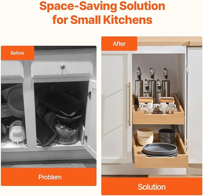 VEVOR 2 Tier Pull Out Cabinet Organizer, 14" W x 21" D Cabinet Drawer, Soft Close Slide out Shelf, Heavy-Duty Sliding Wood Drawer, Adjustable Base Cabinet Organization for Kitchen Pantry Bathroom