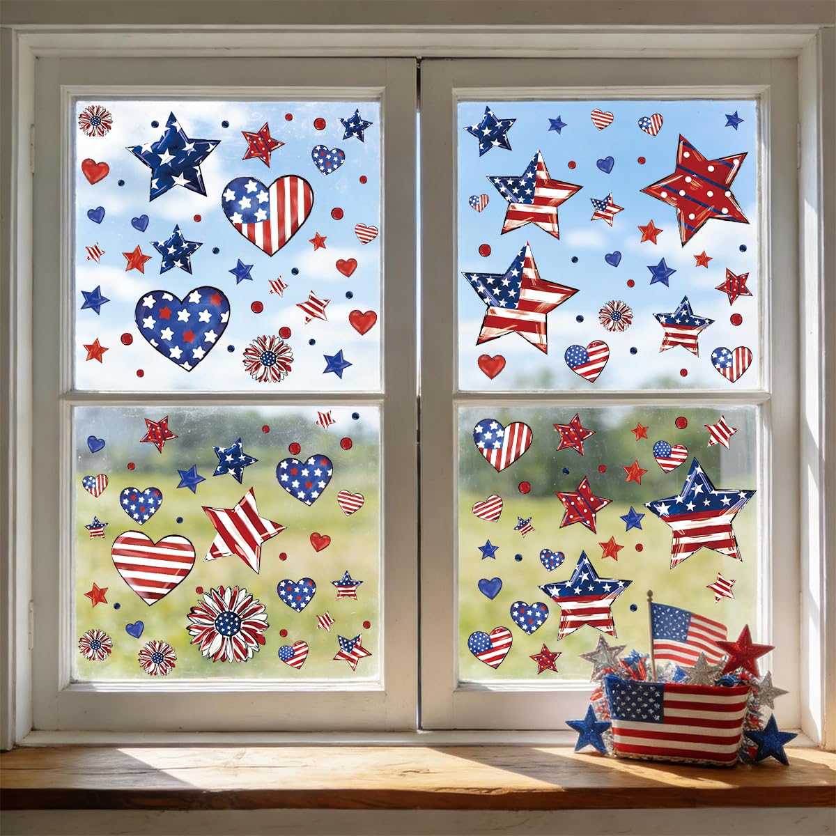 9 Sheets 4th of July Window Clings Decorations, 138PCS Patriotic Window Stickers Double-Sided Window Decals, Red White Blue Star Heart, USA Independence Day Memorial Day Decor for Home Office Glass