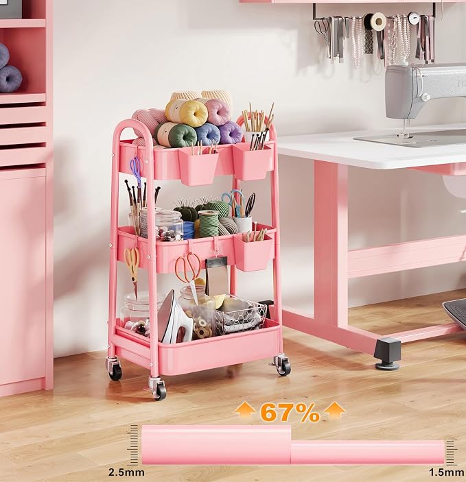 3 Tier Rolling Storage Cart Metal with Wheels, Pink Three Tiered Craft Cart Organizer on Wheels, Utility Carts for Baby Nursery, Diaper Caddy, Art, Book, Snack, Nail, Makeup, Bathroom Supplies, Mesh