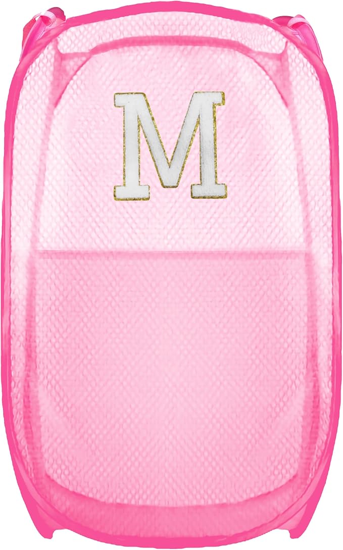 Collapsible Pop Up Laundry Hamper, Extra Large with Removable Initial Letter M, Mesh Foldable Laundry Basket, 28" x 16" x 16" (Pink)