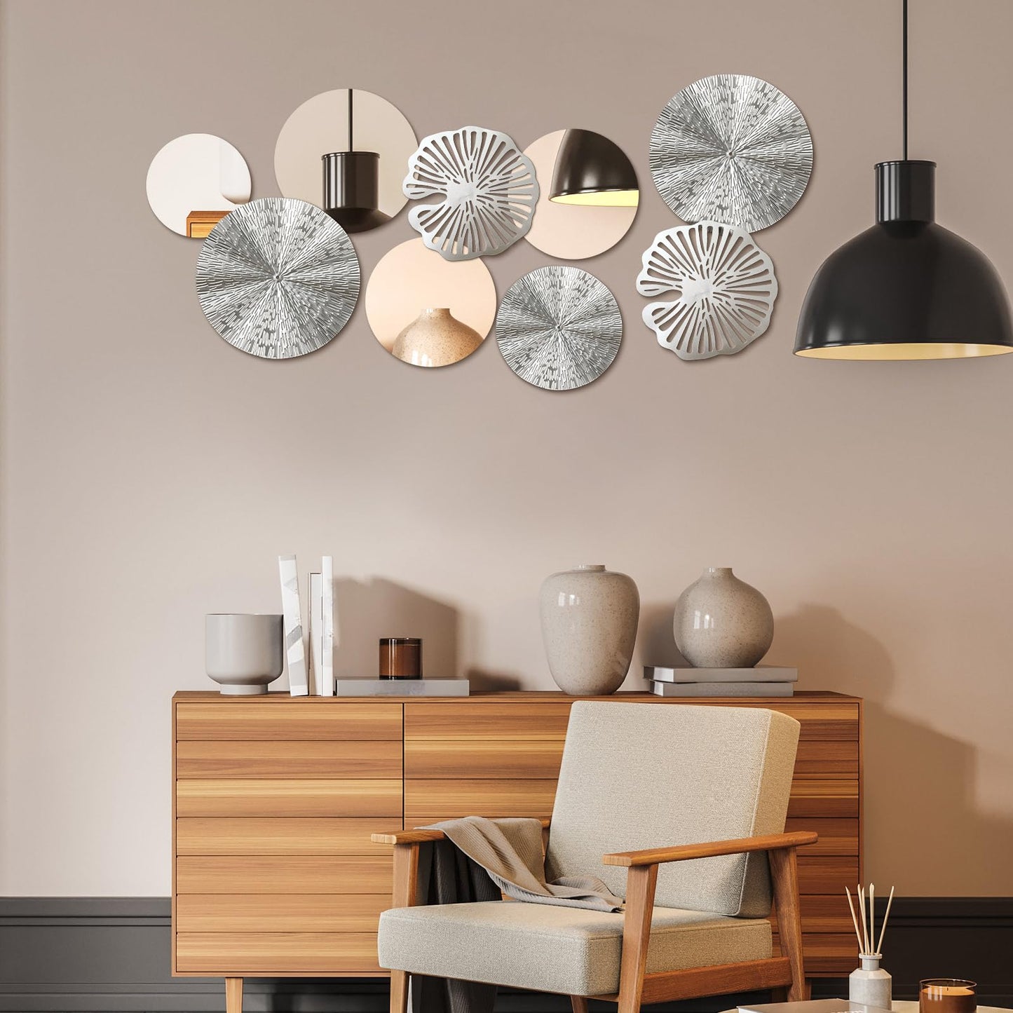 Hicarer 9 Pcs Circle Mirrors Metal Home Decor Wall Decorative Modern Round Accent Wall Art Sculpture Hanging Decorations for Living Room Office Bedroom Kitchen(Silver)