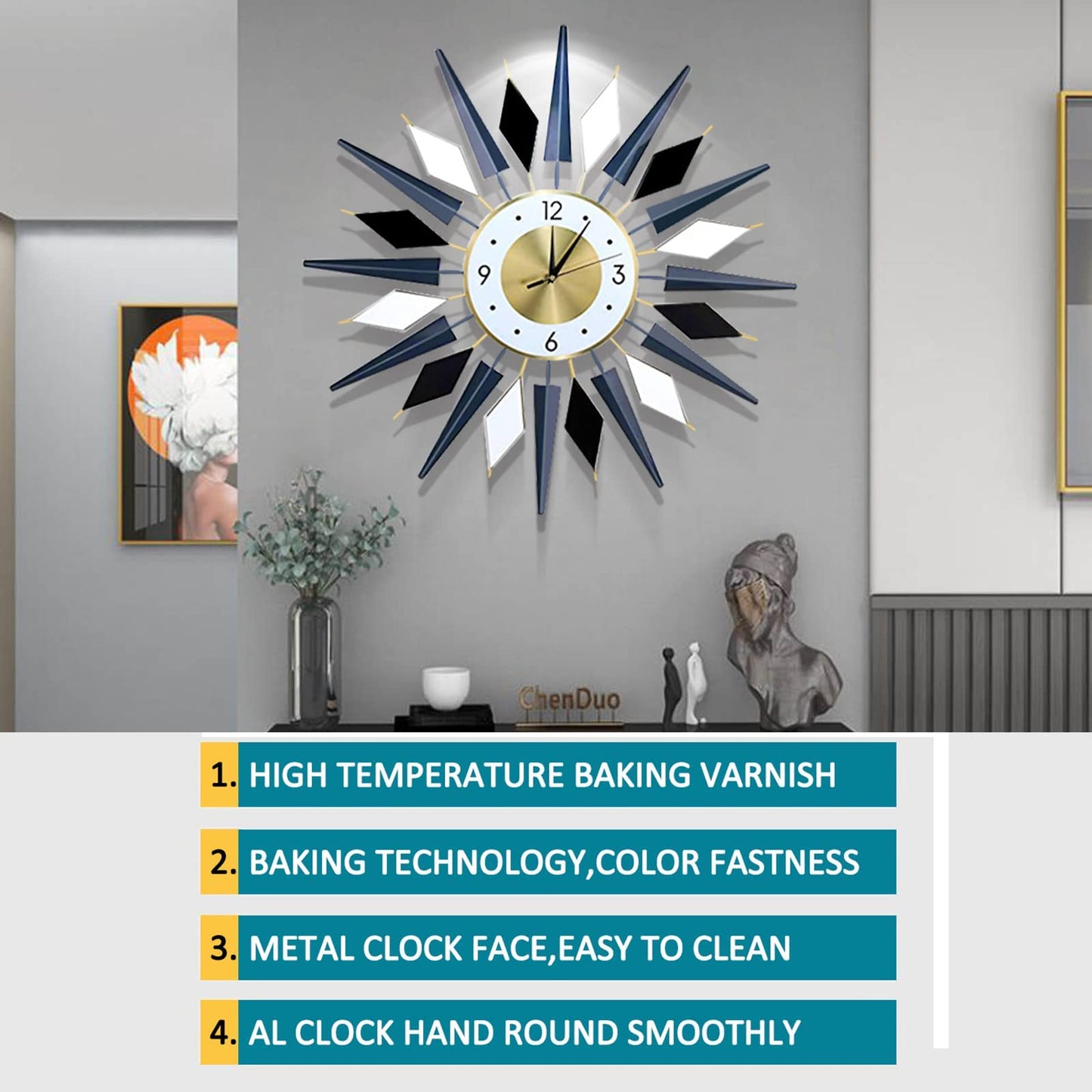 FMTAD Large Metal DecorativeSilent Non-Ticking Modern Big Wall Clocks for Living Room Dining Room Bedroom Decor, Dia 24 Inch Blue Black White