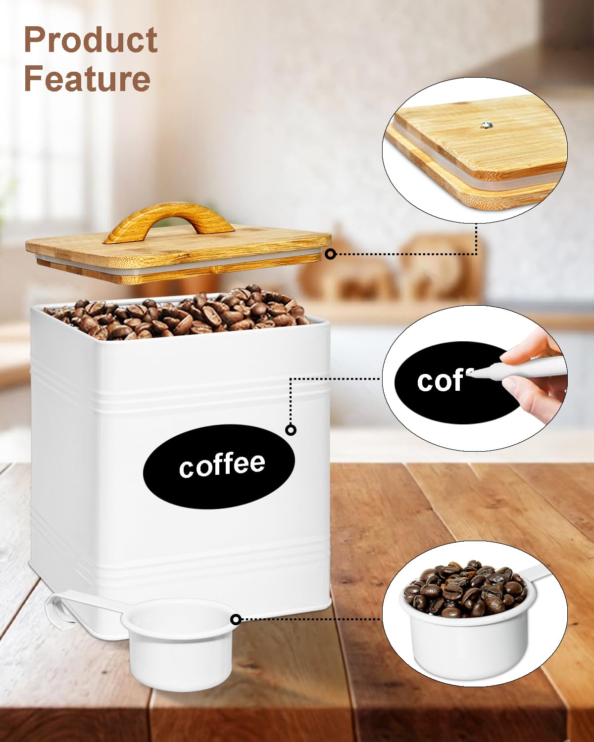 vensovo Kitchen Canister Set of 3 - Large 7 Qt Flour and Sugar Containers Airtight - White Metal Food Storage Jars with Bamboo Lids, Iron Spoon & Erasable Magnetic Labels, Farmhouse Decor for Pantry