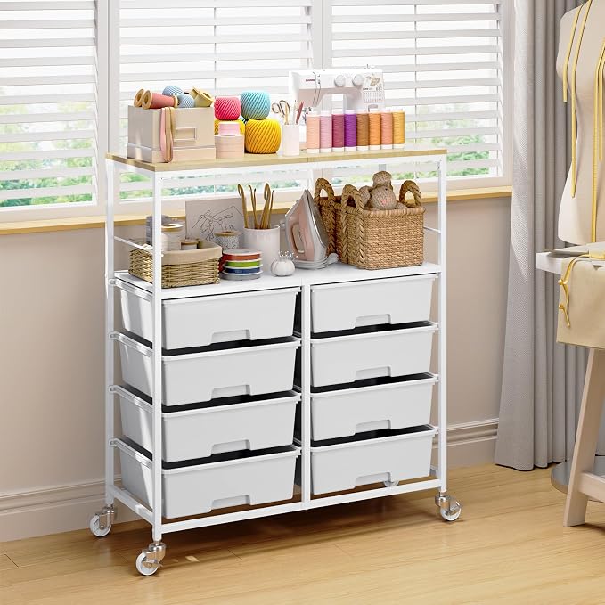 Rolling cart with 8 drawers,Storage drawer cart with wooden tabletop,Lockable wheels organizer for homeschool, arts & crafts, classroom, office & creative spaces (White)