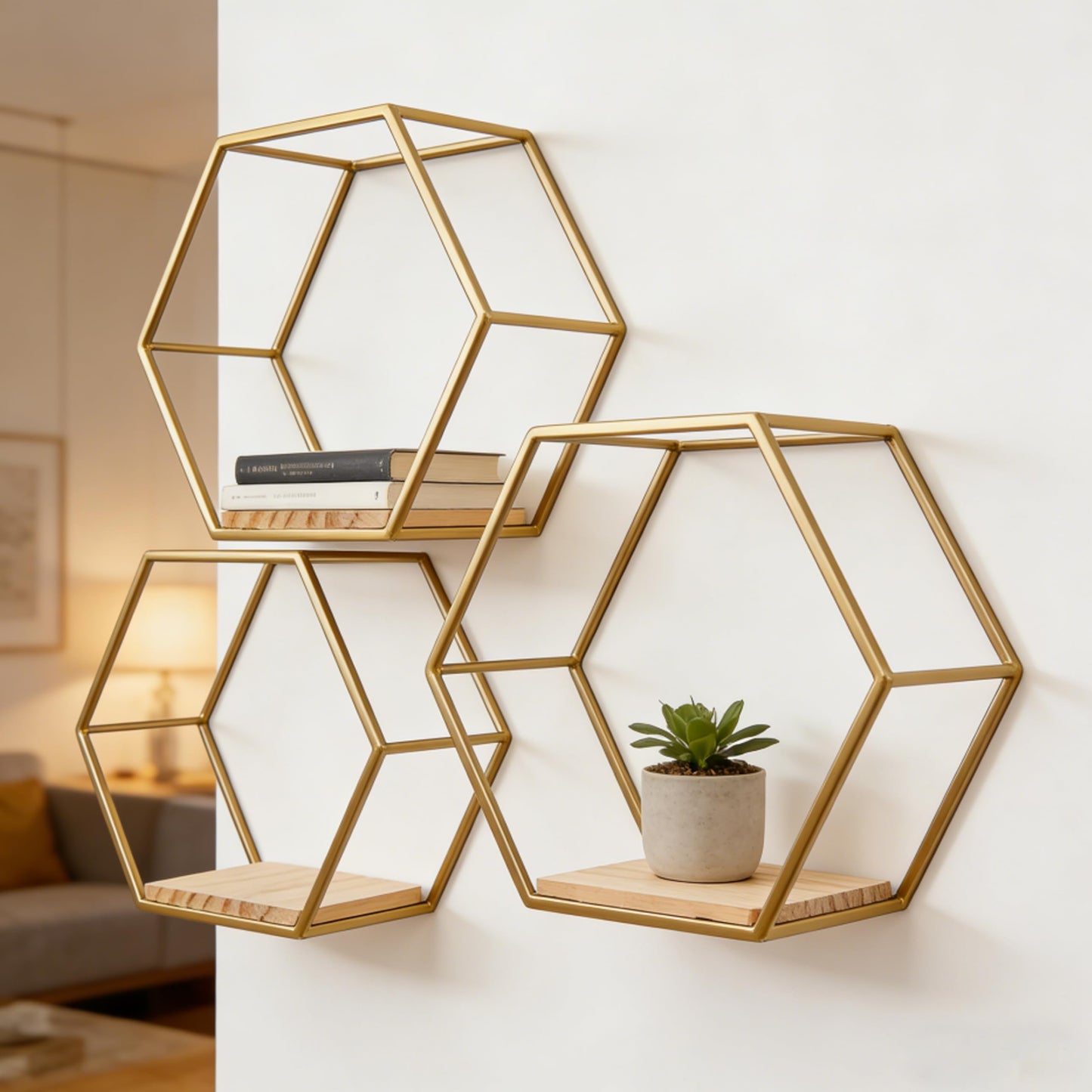 CXYNDFA Gold Hexagon Wall Shelves Set of 3 - Floating Metal Shelves for Wall Mounted Decor, Geometric Shelving for Bedroom, Living Room, Kitchen & Office