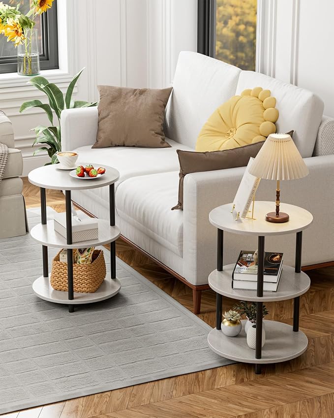 XBurmo Round Coffee Table for Living Room - Narrow Side or Bedside Stand, Industrial Vintage Nightstand for Bedroom, or Small Spaces, Greige