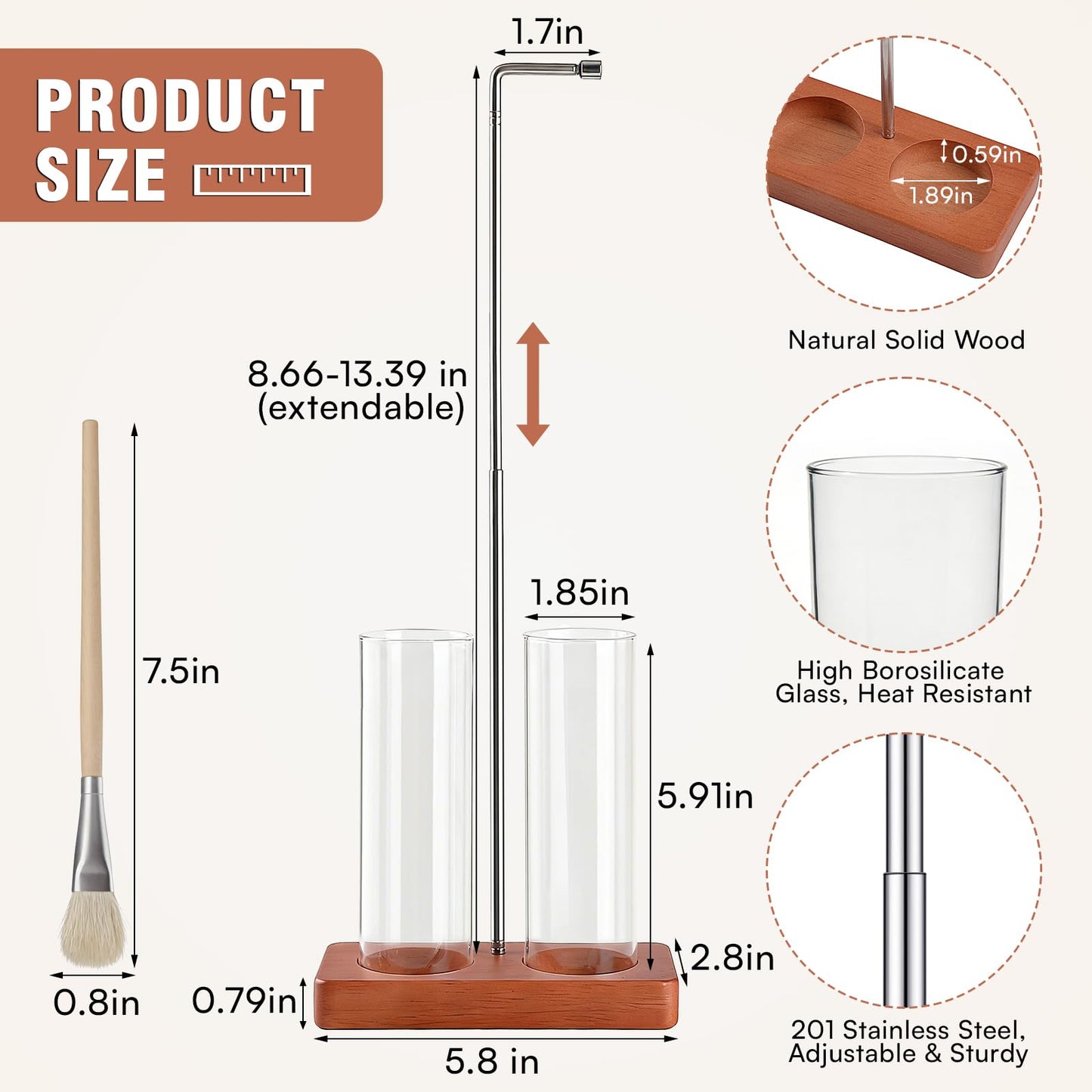 2 in 1 Incense Holder Modern Design– Adjustable Height (8.7"-13.4") with Secure Connection and, Vertical Incense Burner for Sticks & Cones, Glass Ash Catcher for Yoga Meditation Home Office Decor
