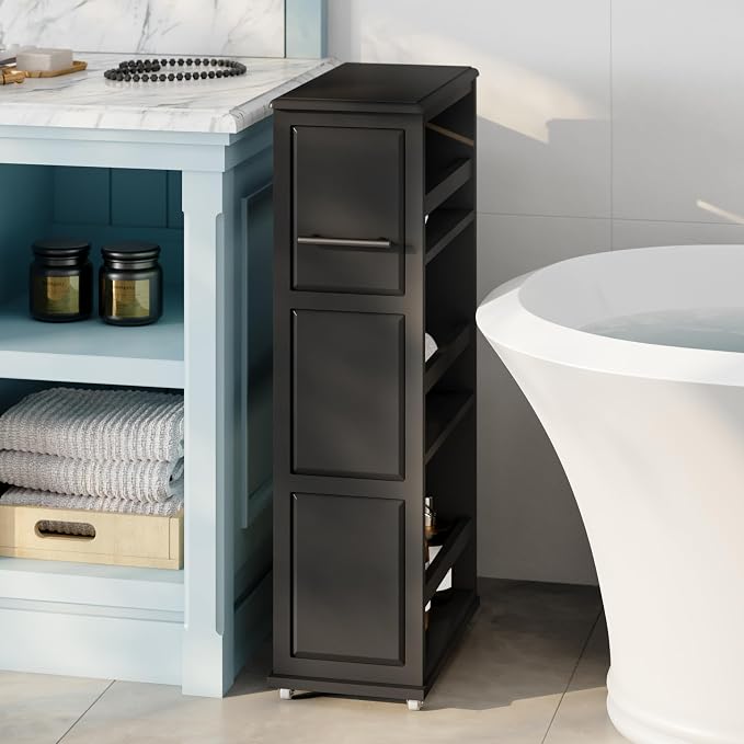 Lavish Home 3-Tier Slim Rolling Storage Cart - 16.7” x 9” Narrow Rolling Cart with Handle and Wheels for Bathroom, Laundry Room, and Kitchen Organization - Pull-Out Home Organizers (Black)