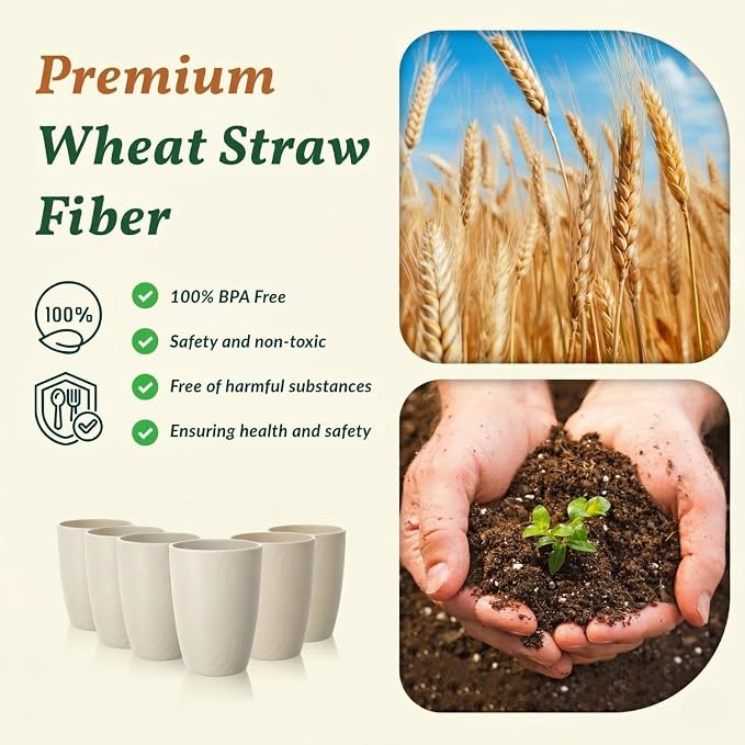Homienly Plastic Cups Alternative 12oz - Wheat Straw Cups Set of 6 Reusable & Unbreakable Drinking Glasses Dishwasher & Microwave Safe Cups for Everyday Use-Beige