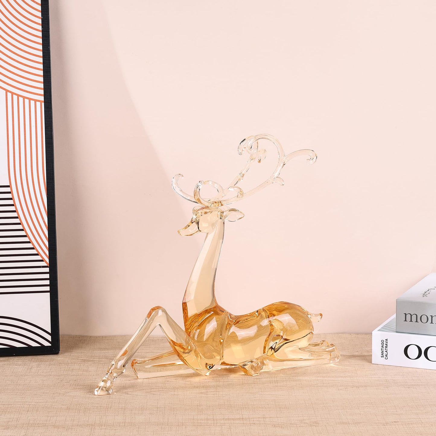 11" Tall Acrylic Christmas Reindeer Figurine - Elegant Clear Large Reindeer Ornaments for Christmas Indoor Decor, Holiday Centerpiece, Living Room, Fireplace, Table Display (Gold Sitting Reindeer)