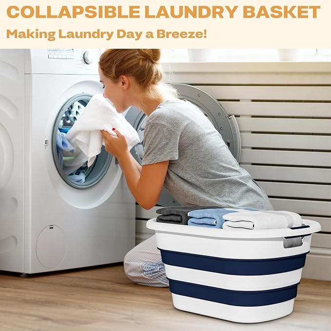 OOAMBB 43L(11.5Gallon) Collapsible Laundry Baskets plastic, Pop Up Laundry hamper/Storage Container, Foldable Laundry Basket with Large Capacity,Sturdy,Space Saver (Blue, 2 Packs)
