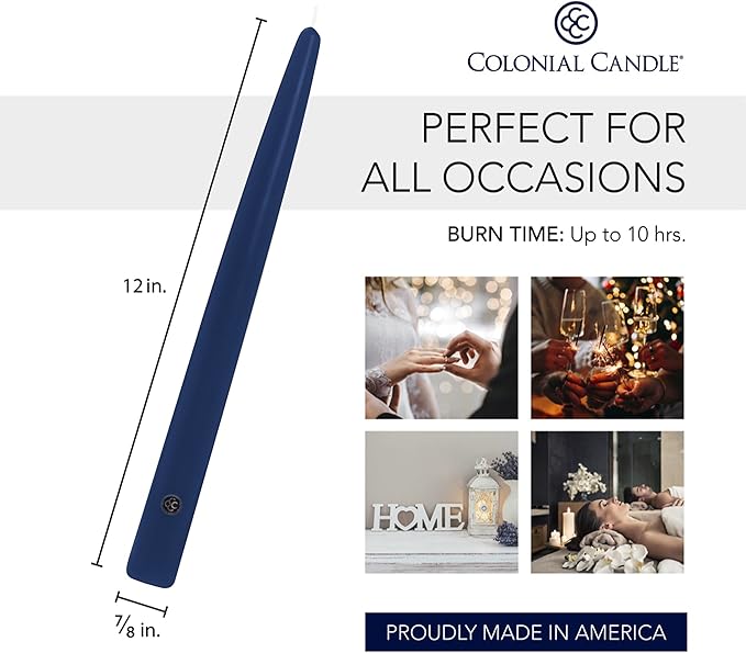 Colonial Candle Indigo Blue Taper Candles Hand Dipped - 12" Tall Candlesticks - Dripless, Unscented - Candles For Birthdays, Celebrations, 12 count (Pack of 1)