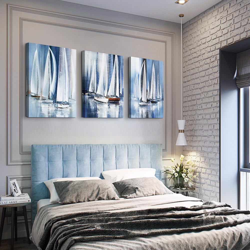 3 Piece Framed Canvas Wall Art For Living Room Bathroom Bedroom Wall Art Decor Ocean Landscape Sailboat Abstract Canvas Painting Ready To Hang Office Home Decoration Sea Poster Pictures Wall Artworks