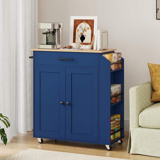 HOOBRO Kitchen Island with Power Outlet, Kitchen Storage Island with Spice Rack and Drawer, Rolling Kitchen on Wheels, for Home, Dining Room, Natural and Blue UN82UZD01G1