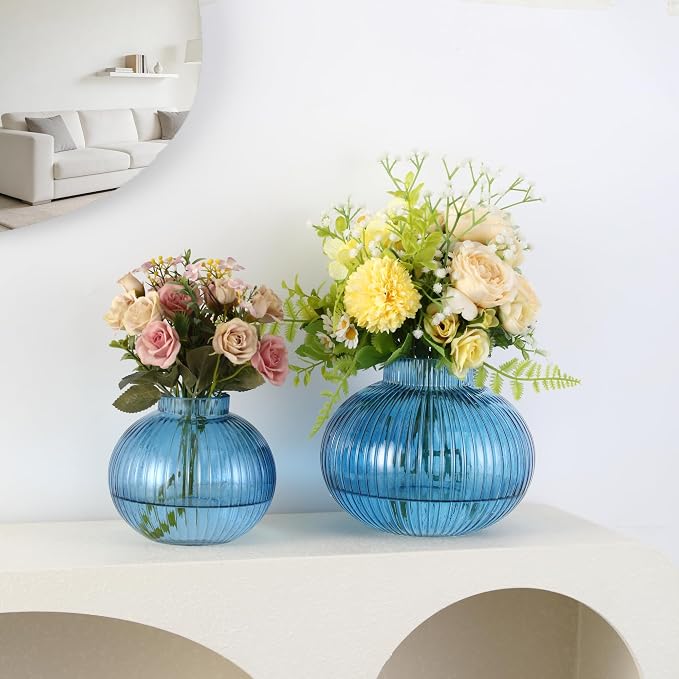 Blue Glass Vases for Tulips, Set of 2, Flower Vases for Bouquet, Ribbed Glass Vase for Flowers, Short Vase for Living Room, Office, Coffee Table, Shelf, Wedding