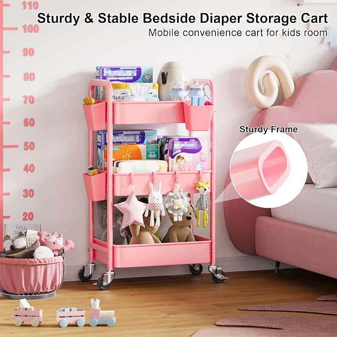 3 Tier Rolling Cart with Wheels, Metal Utility Storage Cart on Wheels, Craft Carts Organizer with Hanging Cups, Hooks, Three Tiered Rolling Carts for Bathroom, Laundry Room, Nursery, Office, Pink