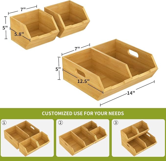 Bamboo Pantry Storage Bins, Stackable Potato and Onion Storage Bin for Kitchen Countertop, Wood Pantry Organizer Baskets for Fruit Vegetable Snack