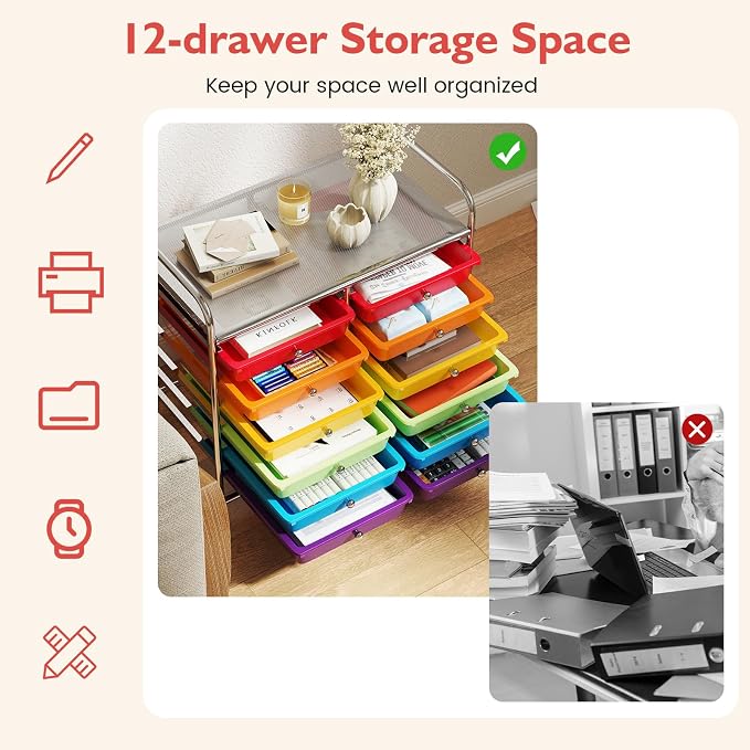 COSTWAY 12-Drawer Rolling Storage Cart, Utility Storage Organizer Cart for Tools, Scrapbook, Paper, Craft, Multipurpose Art Supply Organizer on Wheels for Home Office School, Teacher, Multicolor