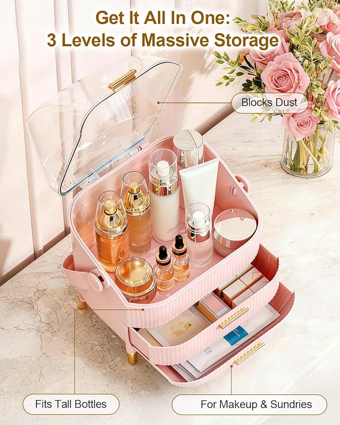 Makeup Organizer with Drawers & Lid - Portable Large Cosmetic Storage Case for Vanity Countertop, Travel, Gift for Women, Girls, 11"×7"×15", Pink